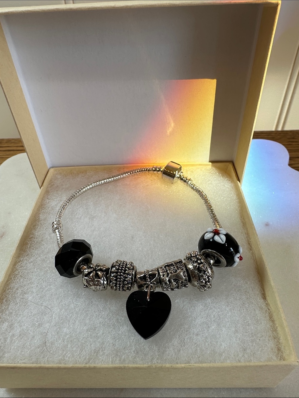 Black Heart Charm Bracelet with Silver Tone Accents - Women Jewelry